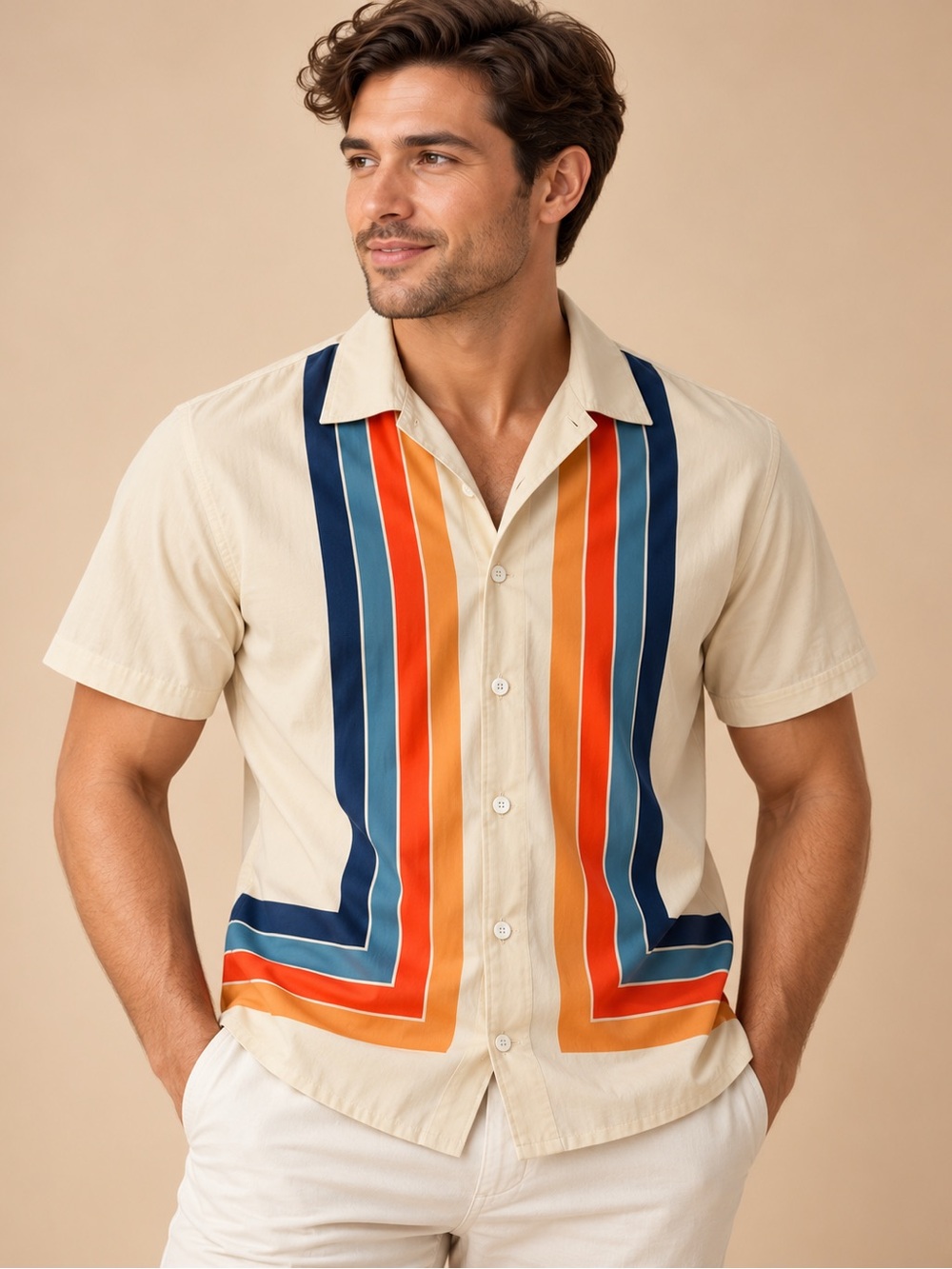 SHEIN Men’s Retro Stripe Button Down Shirt Cream Orange Blue Size M